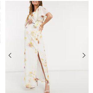 Hope & Ivy Maternity Bridesmaid Cape Back Maxi Dress w/ Slit in Soft Yellow Flor